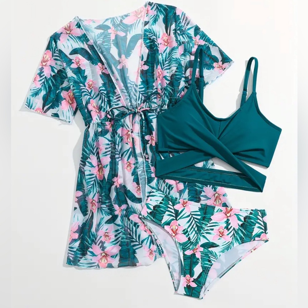 Girl’s 3 Pcs Swim Set - Bikini & Cover Up - Tropical